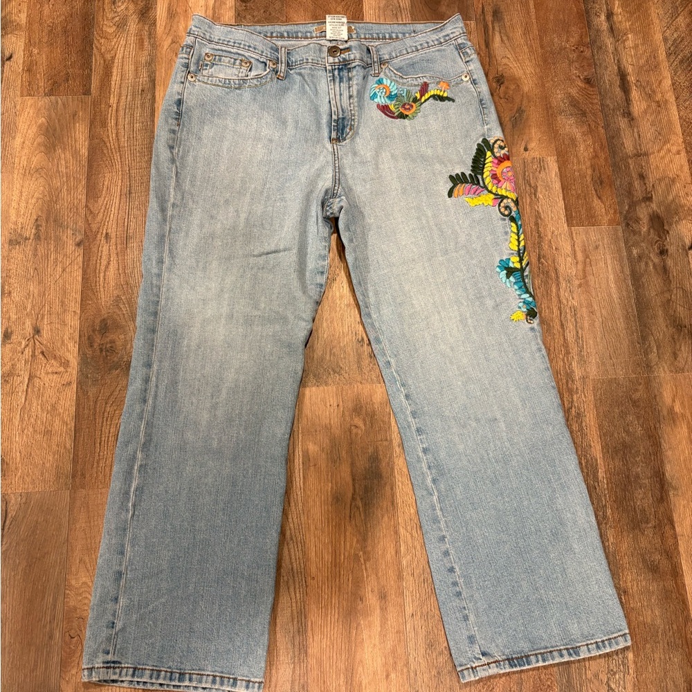 Z Cavaricci Vintage denim ankle cropped jeans embroidered hip & thigh Size 16